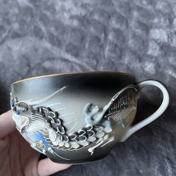 Vintage Japanese Geisha Lithophane Dragon Teacup Set Moriage Black - Picture 5 of 7